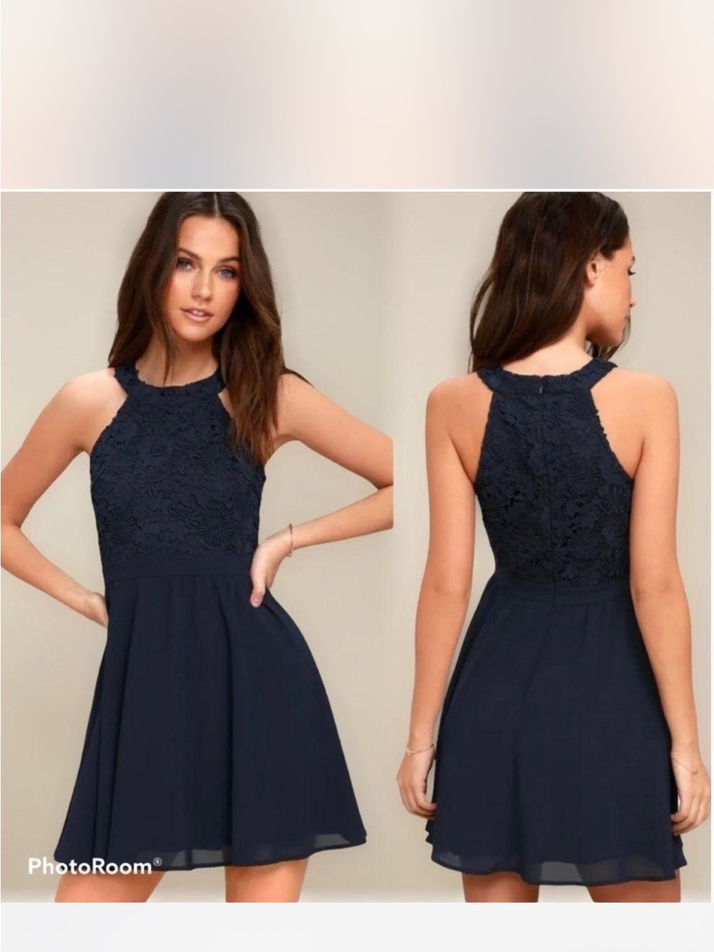 NWOT Lulus Lover's Game Navy Blue Lace Halter Skater Dress- size small, MSRP $59